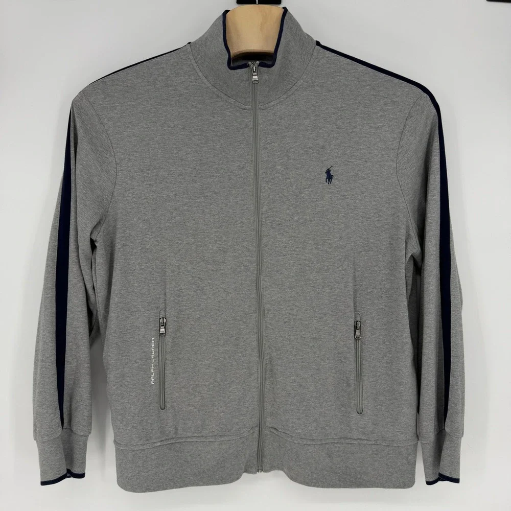 Polo Ralph Lauren Men Gray Full Zip Track Jacket XL Navy Stripe Cotton RN41381